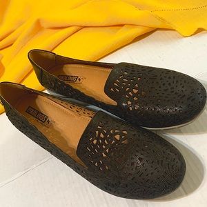 NWOB Pikolinos brown cutout lace leather wedge loafer walk work Casual shoe 39/9